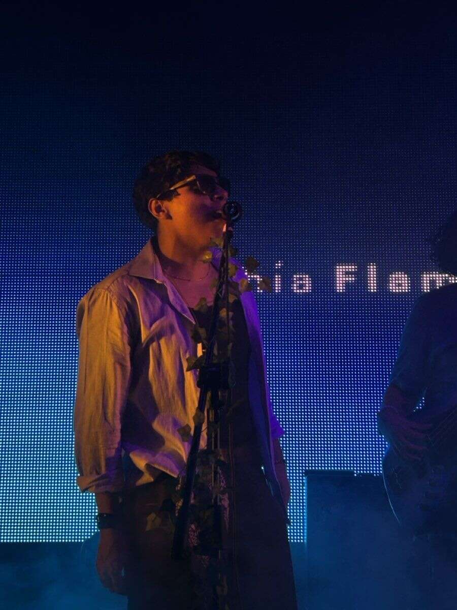 El vocalista al micrófono frente a la pantalla del escenario